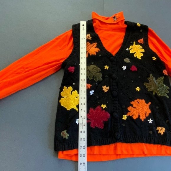 Ugly Halloween Vest Turtleneck Owl Leaf Orange Black Leaves Red Yellow Green - Picture 7 of 12